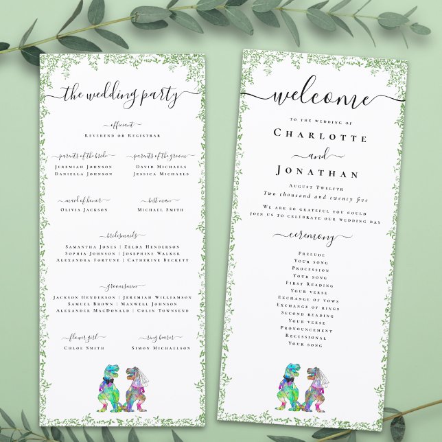 Dinosaur Bride & Groom Wedding Ceremony Program Menu (T-Rex bride and groom funny dinosaur wedding ceremony program card watercolor foliage colorful dino)