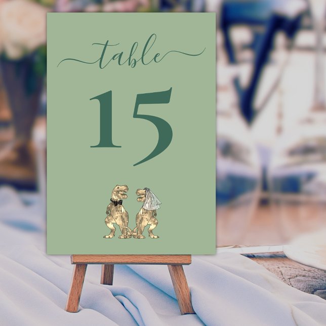 Dinosaur Bride & Groom Wedding Sage Green Table Number (Dinosaur wedding sage green custom table number card Elegant modern script t-Rex dino bride & groom)