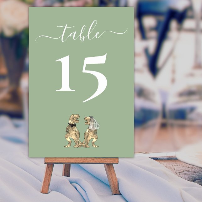 Dinosaur Bride & Groom Wedding Sage Green & White Table Number (Dinosaur wedding sage green & white custom table number card elegant modern script T-Rex dino)
