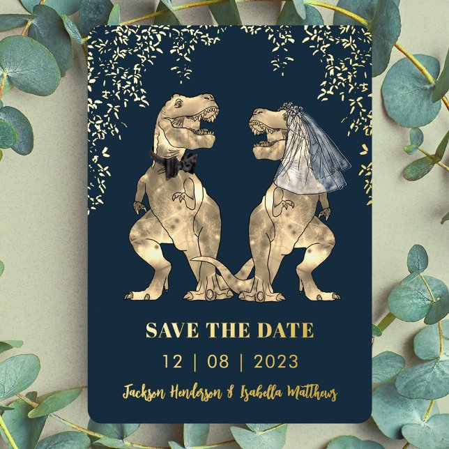 Dinosaur Bride & Groom Wedding Save the Date Gold (T-Rex bride and groom Dinosaur wedding Save the date gold foil invitation eucalyptus leaves greenery)