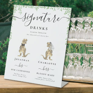 Dinosaur Bride & Groom Wedding Signature Drink Bar Pedestal Sign