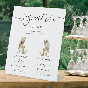 Dinosaur Bride & Groom Wedding Signature Drink Bar Pedestal Sign