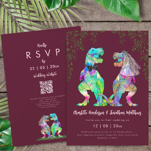 Dinosaur Burgundy Blush Pink Wedding QR Code  Invitation