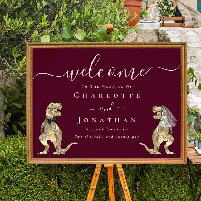 Dinosaur Burgundy Blush Pink Wedding Welcome Poster (Elegant dark burgundy blush pink Dinosaur wedding welcome poster sign T-Rex bride and groom)