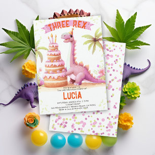 Dinosaur Cake Three Rex Watercolor Girl Birthday Invitation