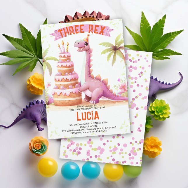 Dinosaur Cake Three Rex Watercolor Girl Birthday Invitation (dinosaur girl birthday party dino three rex 3rd funny watercolor giant cake prehistoric wild funny)
