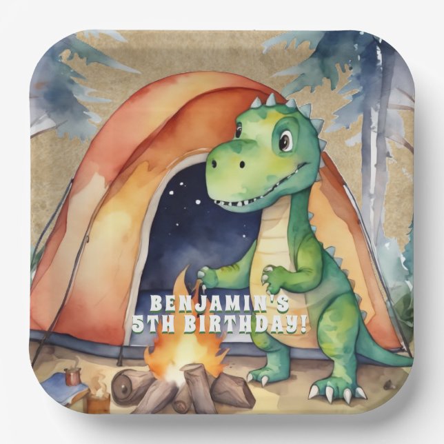 Dinosaur Campout Birthday Party Paper Plate (Front)