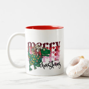Dinosaur carrying Santa Claus Christmas Two-Tone Coffee Mug