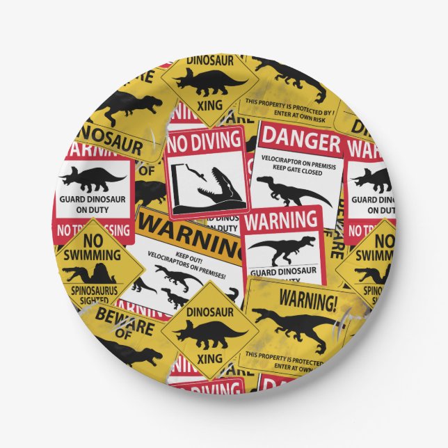 Dinosaur Caution Signs Paper Plate (Front)
