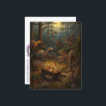 Dinosaur Celebration Postcard<br><div class="desc">WrongJourney: When AI goes hilariously wrong.
In this AI-generated scene,  a group of awkwardly-proportioned (and apparently Jewish?) dinosaurs gathers for a celebration in a prehistoric forest,  with candles and presents. In the background,  one of the happier dinos is blowing rainbow bubbles.</div>