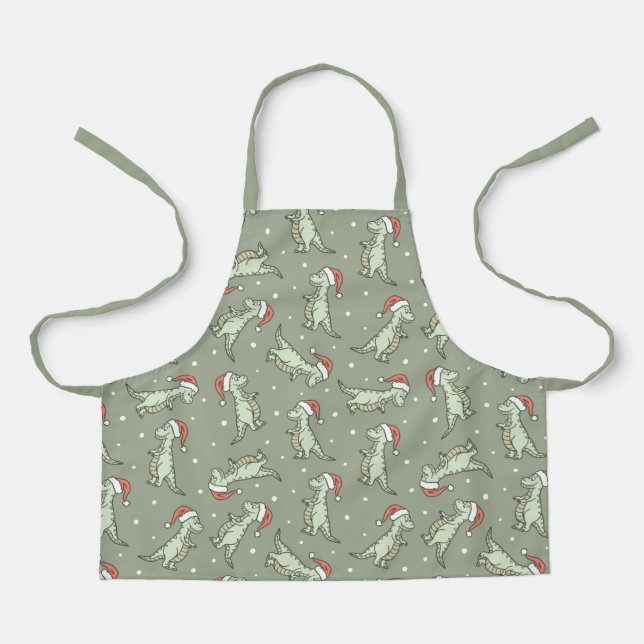 Dinosaur Christmas Boy Santa Claus Dino T-Rex Sage Apron (Front)