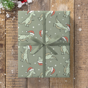Dinosaur Christmas Boy Santa Claus Dino T-Rex Sage Wrapping Paper