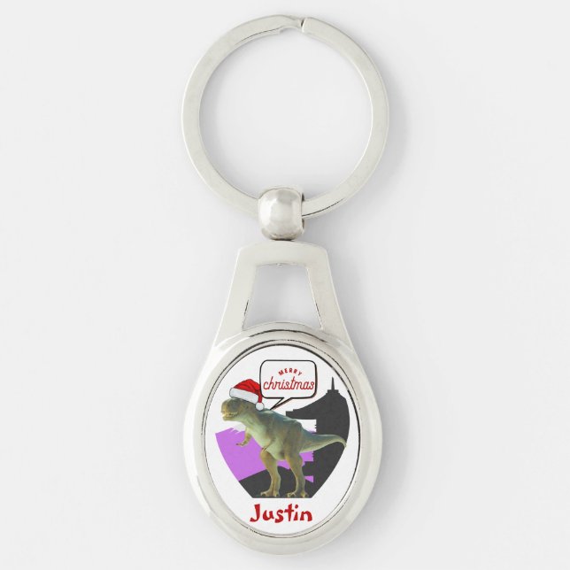 dinosaur christmas gift, personalised name  key ring (Front)