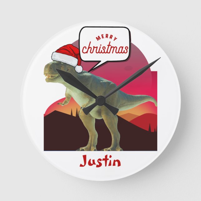 dinosaur christmas gift, personalised name round clock (Front)