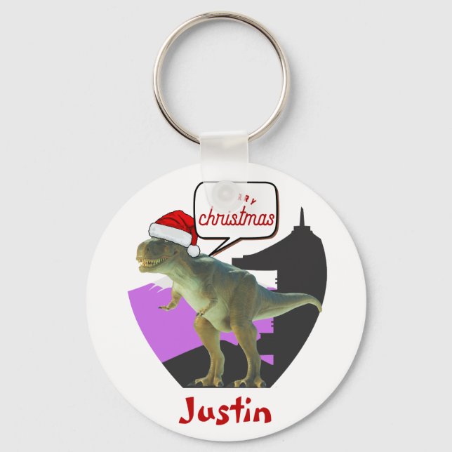 dinosaur christmas gift, personalized name  key ring (Front)