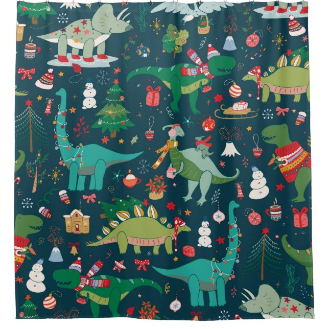 Dinosaur Christmas: Happy New Year Shower Curtain (Front)
