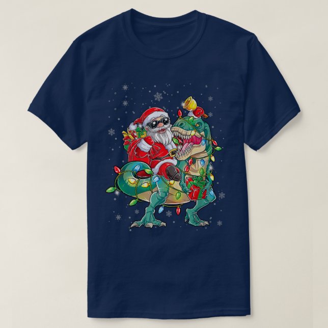Dinosaur Christmas Lights Shirts Santa Riding Dino (Design Front)