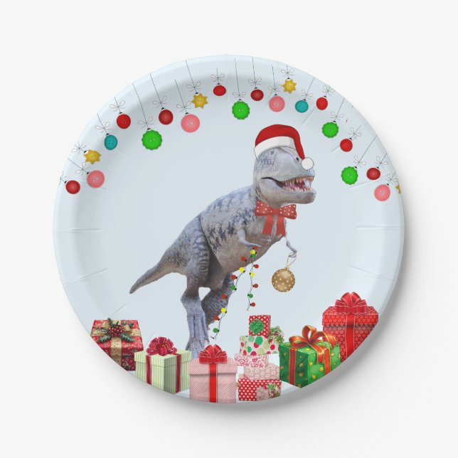 Dinosaur Christmas Paper Plate (Front)