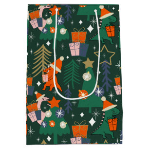Dinosaur Christmas Party Green Medium Gift Bag