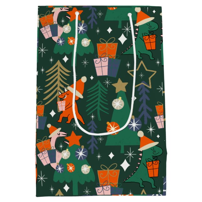 Dinosaur Christmas Party Green  Medium Gift Bag (Back)