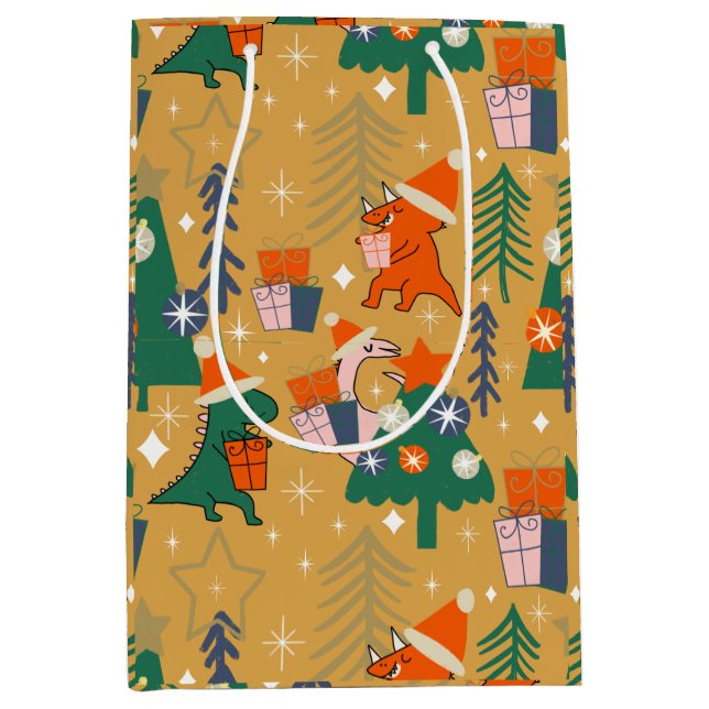 Dinosaur Christmas Party Yellow  Medium Gift Bag (Front)
