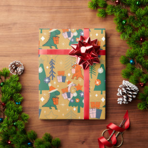 Dinosaur Christmas Party Yellow  Wrapping Paper