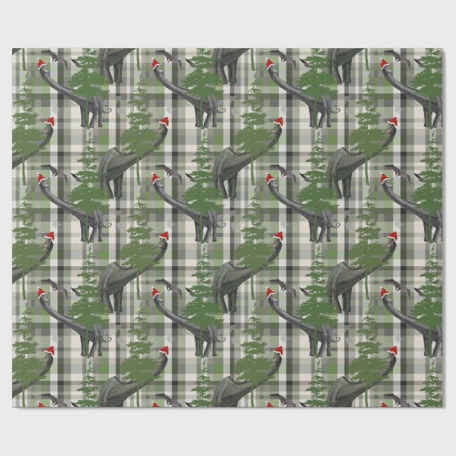 Dinosaur Christmas Plaid Wrapping Paper (Flat)