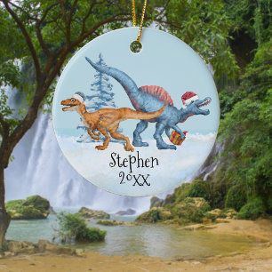 Dinosaur Christmas Raptor Watercolor Name Ceramic Tree Decoration