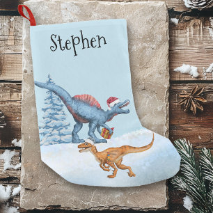 Dinosaur Christmas Raptor Watercolor Name Small Christmas Stocking