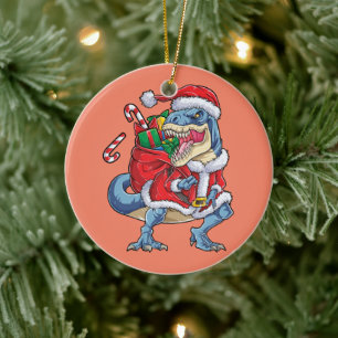 Dinosaur Christmas Santa Claus T rex Boys Men Ceramic Tree Decoration