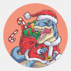 Dinosaur Christmas Santa Claus T rex Boys Men Classic Round Sticker