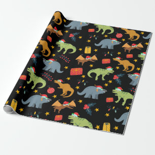 Dinosaur Christmas Santa Hat Pattern, Black Wrapping Paper