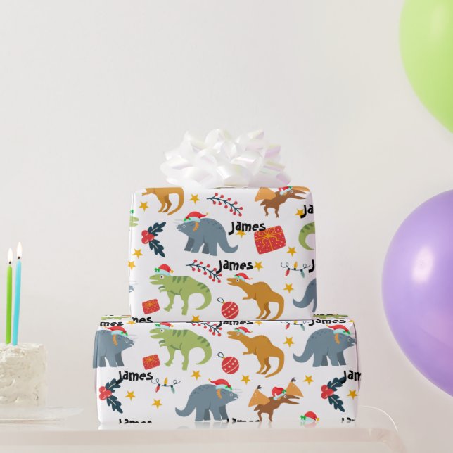 Dinosaur Christmas Santa Hat Pattern & Custom name Wrapping Paper (Party Gifts)