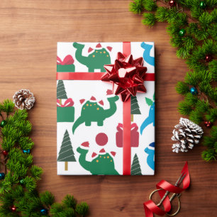Dinosaur Christmas Santa Hat Pattern Wrapping Paper
