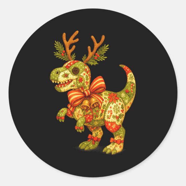Dinosaur Christmas Season Patchwork T-rex Squad Fa Classic Round Sticker (Front)