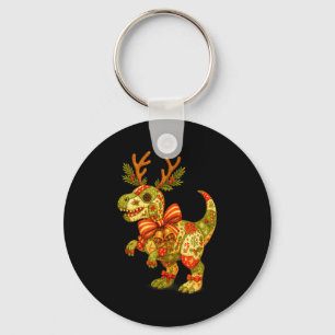Dinosaur Christmas Season Patchwork T-rex Squad Fa Key Ring