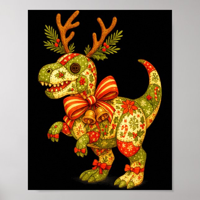 Dinosaur Christmas Season Patchwork T-rex Squad Fa Poster (Front)