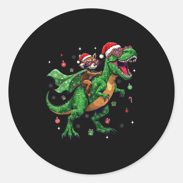 Dinosaur Christmas T Rex Raccoon Santa Holiday  Classic Round Sticker (Front)