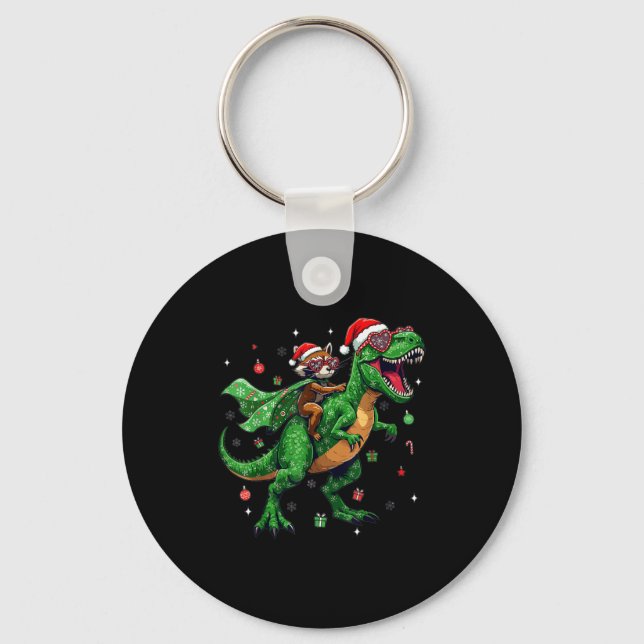 Dinosaur Christmas T Rex Raccoon Santa Holiday  Key Ring (Front)