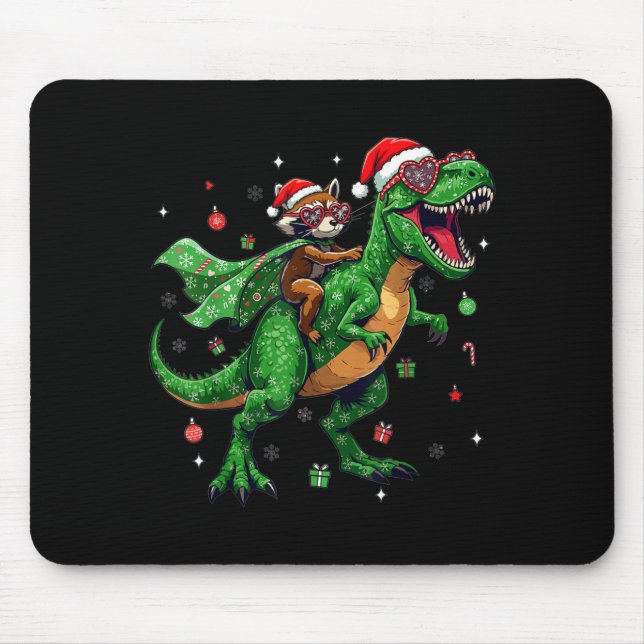 Dinosaur Christmas T Rex Raccoon Santa Holiday  Mouse Mat (Front)