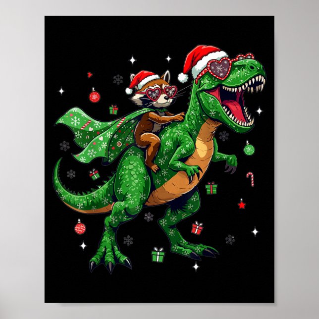 Dinosaur Christmas T Rex Raccoon Santa Holiday  Poster (Front)