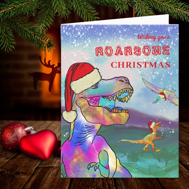 Dinosaur Christmas T-Rex Santa Holiday Card (Christmas Dinosaurs wearing Santa hats holiday greetings card)