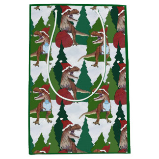Dinosaur Christmas T-Rex Santa Medium Gift Bag
