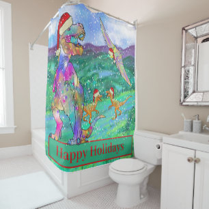 Dinosaur Christmas T Rex Santa Snow Scene Funny Shower Curtain