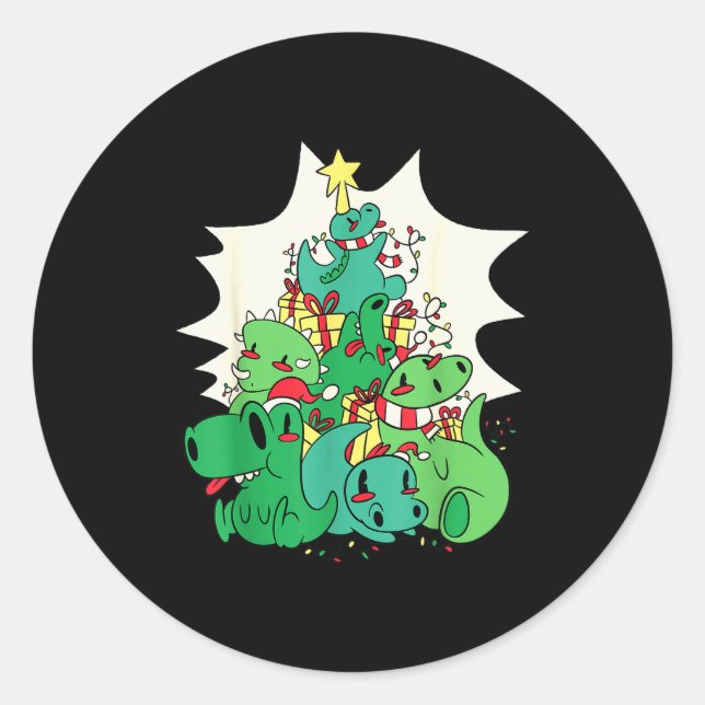 Dinosaur Christmas Tree Cartoons Holiday Tyrannosa Classic Round Sticker (Front)