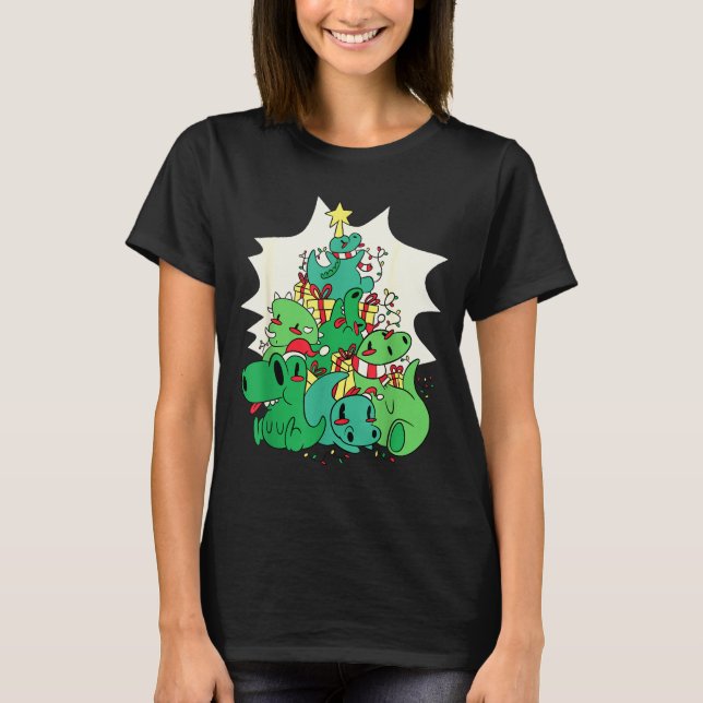 Dinosaur Christmas Tree Cartoons Holiday Tyrannosa T-Shirt (Front)