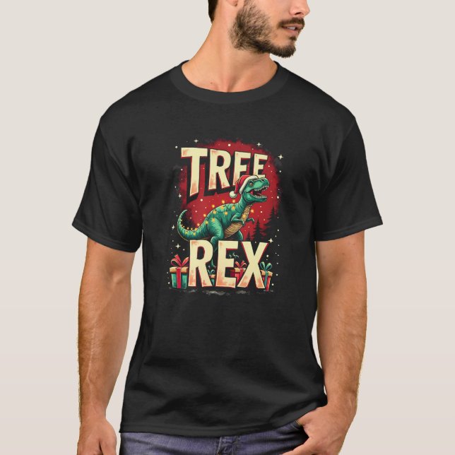 Dinosaur Christmas Tree Rex Men Boys Girls Xmas Li T-Shirt (Front)