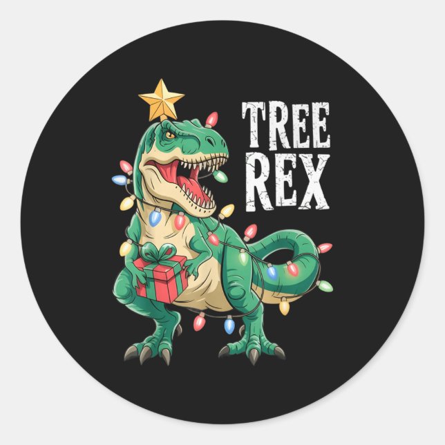 Dinosaur Christmas Tree Rex Pajamas Men Boys Xmas  Classic Round Sticker (Front)