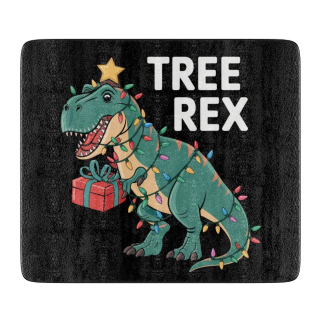 Dinosaur Christmas Tree Rex Pyjamas Xmas Lights  Cutting Board (Front)