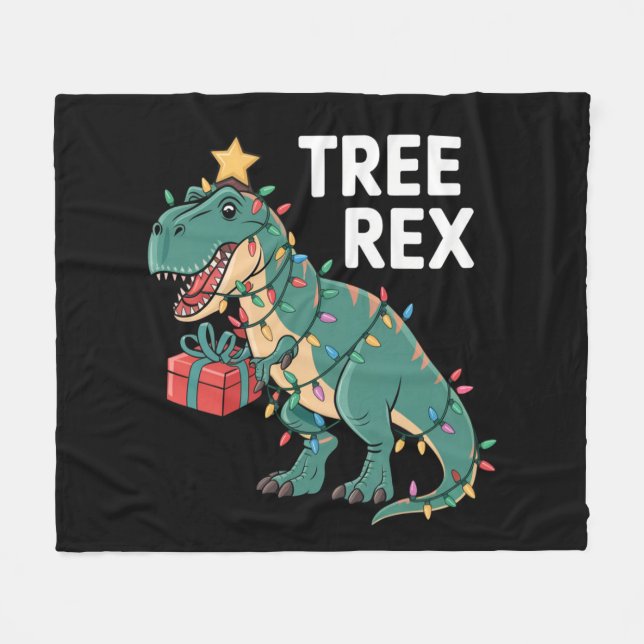 Dinosaur Christmas Tree Rex Pyjamas Xmas Lights  Fleece Blanket (Front (Horizontal))
